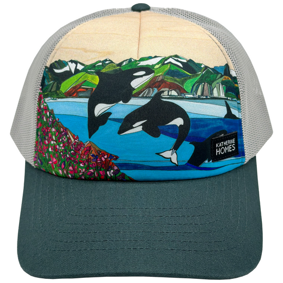 Wild Orcas | Trucker Hat | 100% Organic Cotton Spruce Brim + 100% Recycled Grey Mesh