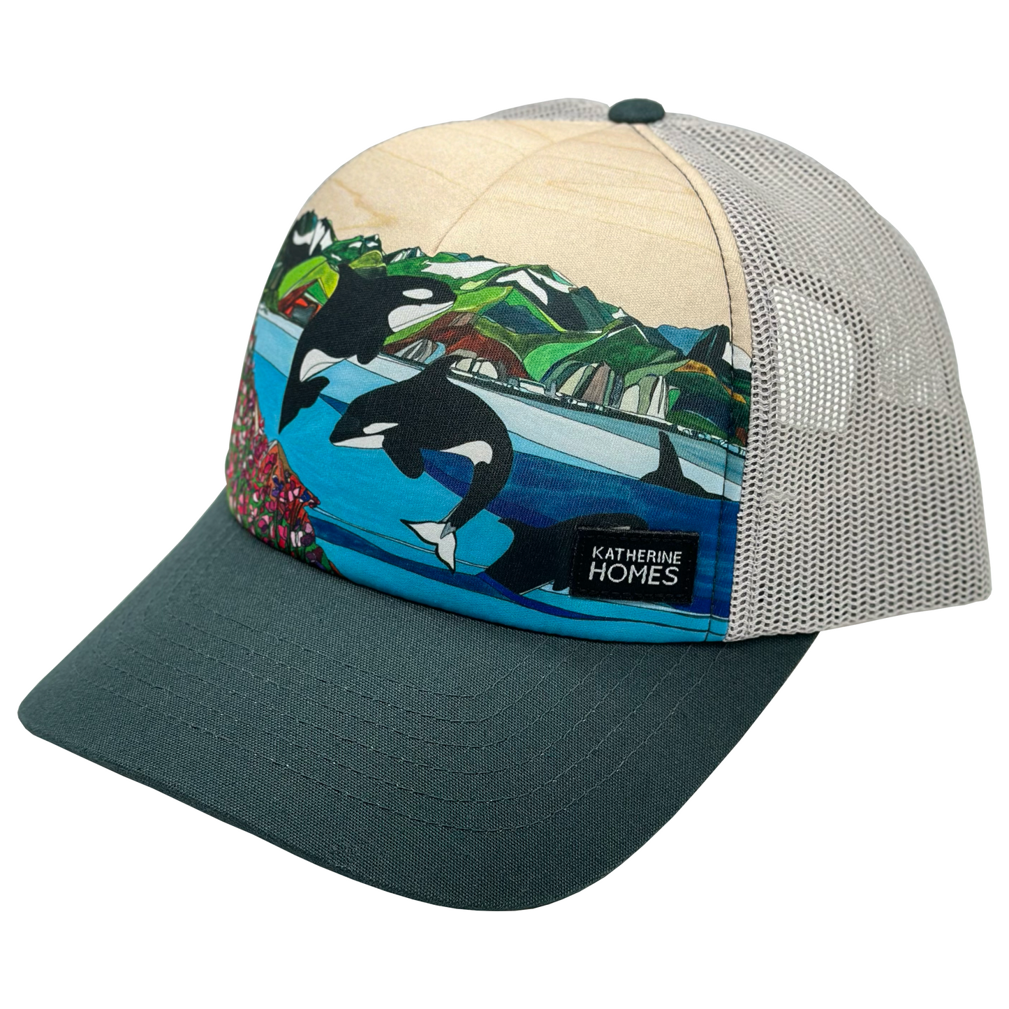 Wild Orcas | Trucker Hat | 100% Organic Cotton Spruce Brim + 100% Recycled Grey Mesh