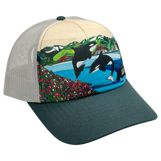 Wild Orcas | Trucker Hat | 100% Organic Cotton Spruce Brim + 100% Recycled Grey Mesh