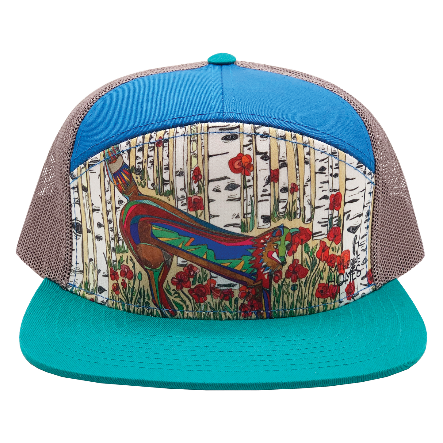 Red Fox and Poppies| 7 Panel Hat | Teal | Royal | Grey 100% Recycled Mesh