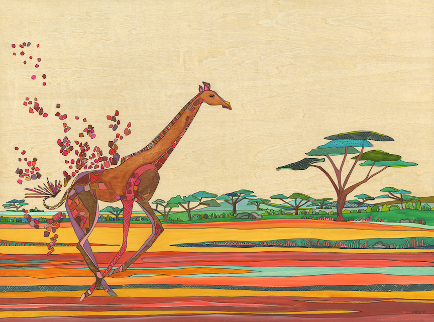 Fleeing Giraffe | 7 Panel | Grass | Sky | 100% Grey Recycled Mesh