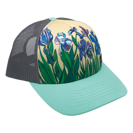 Iris Flowers | Trucker Hat | Aqua | 100% Grey Recycled Mesh