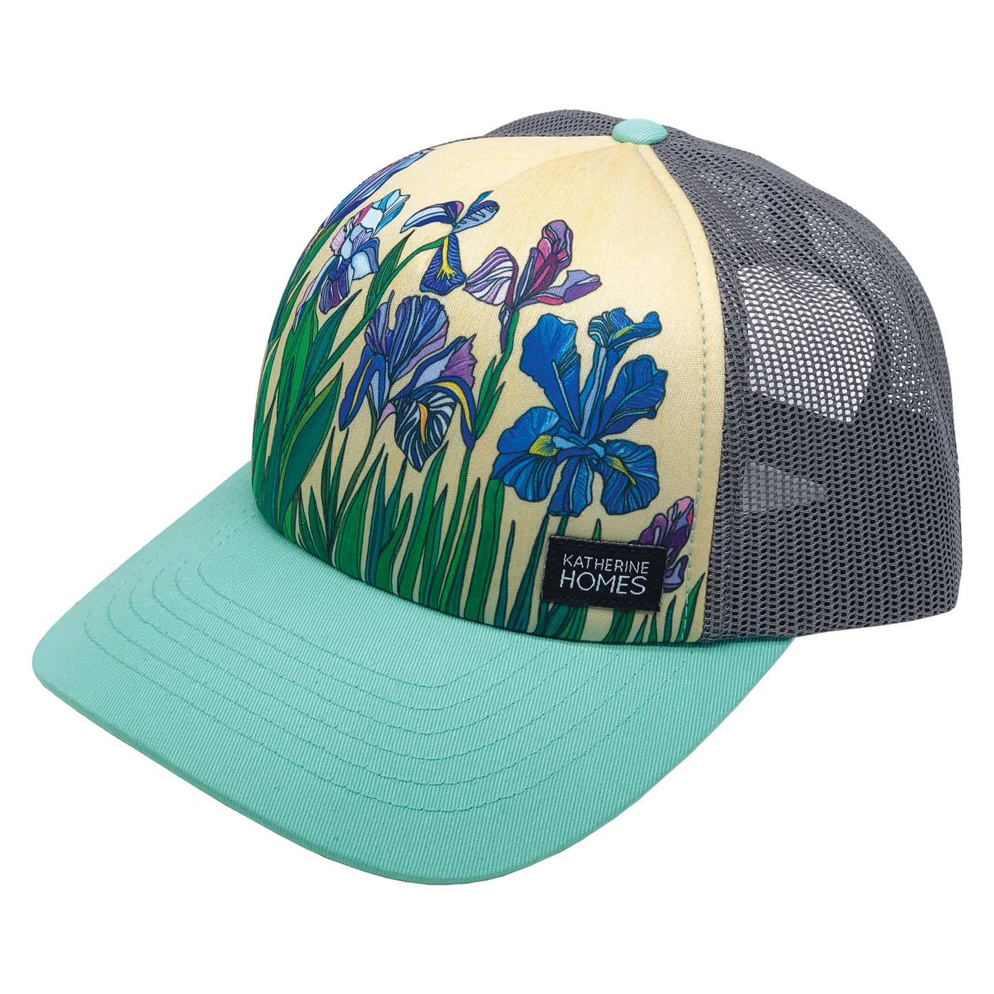 Iris Flowers | Trucker Hat | Aqua | 100% Grey Recycled Mesh