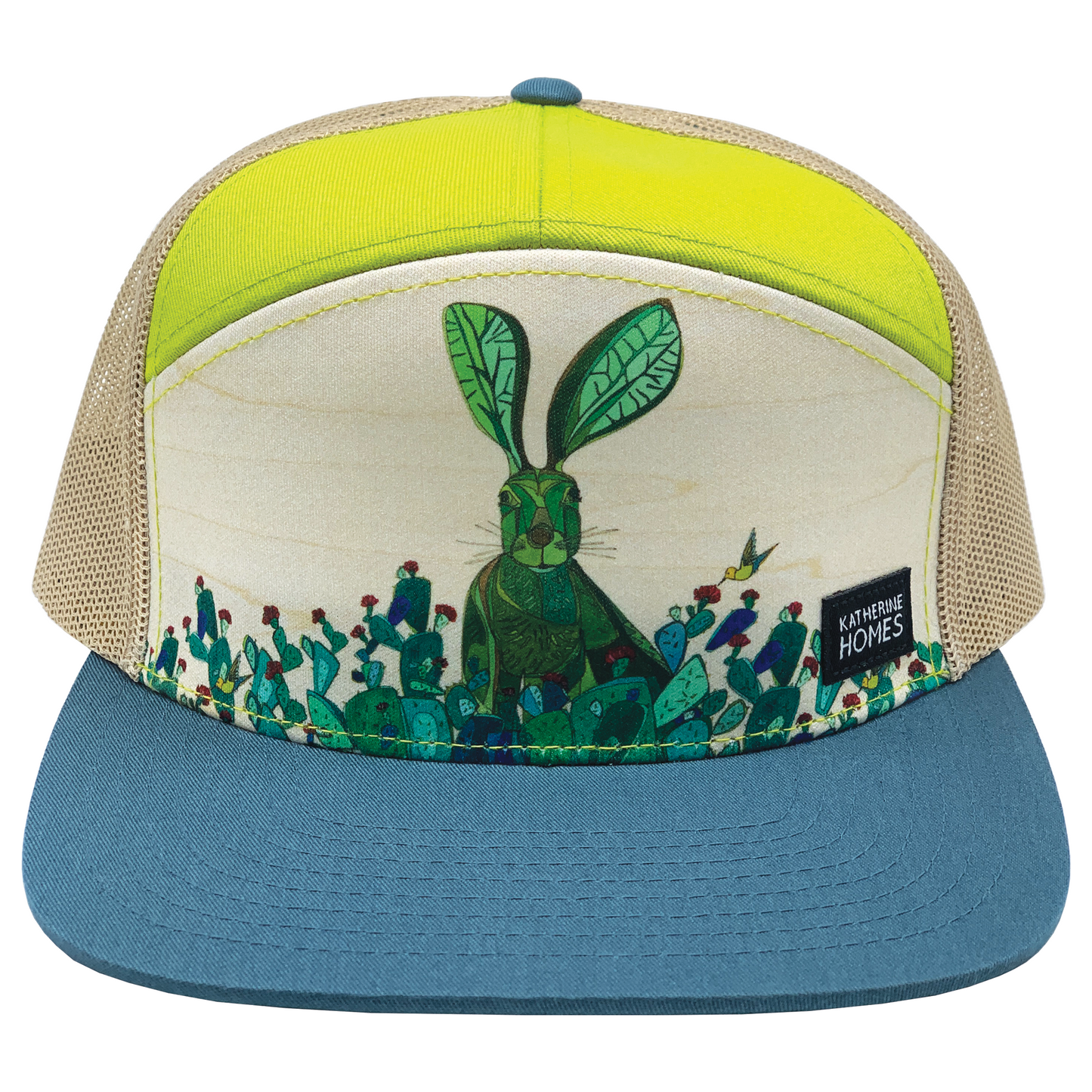 Jackrabbit + Cacti | 7 Panel Hat | Stone, Lime 100% Recycled Oat Mesh