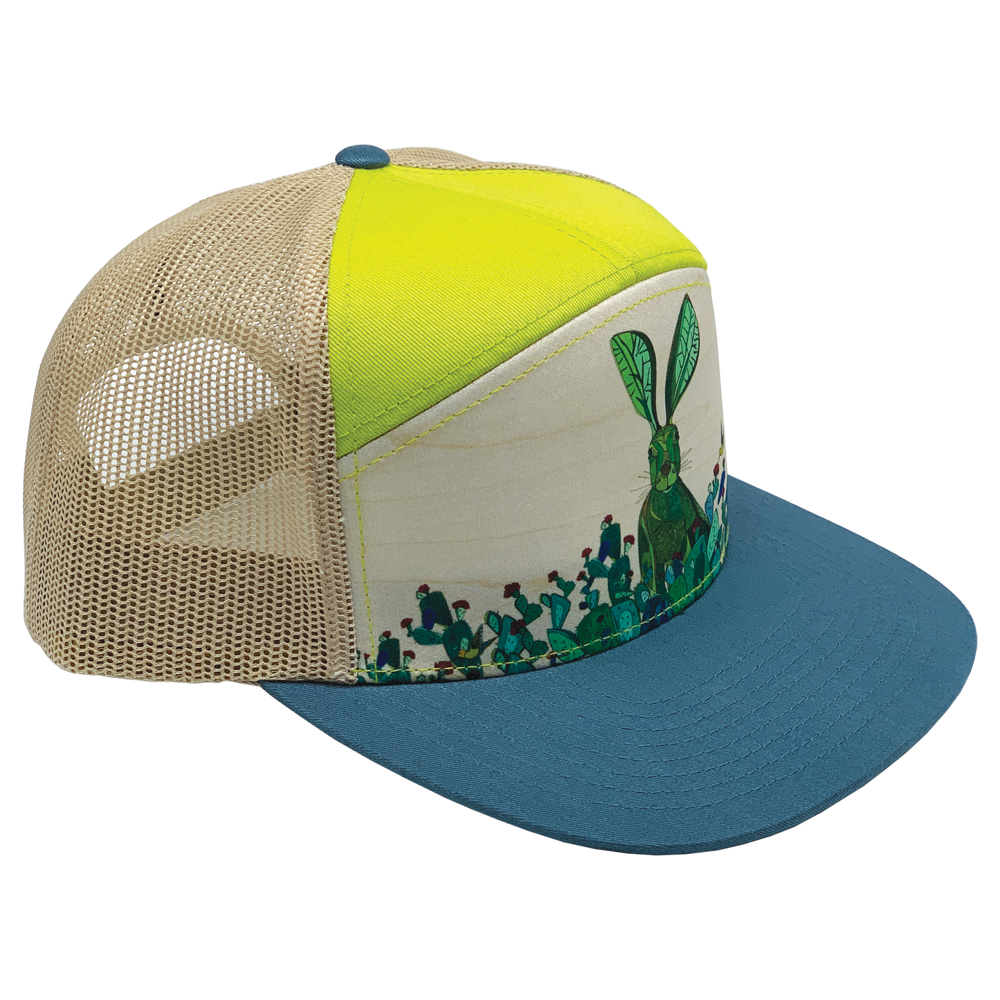 Jackrabbit + Cacti | 7 Panel Hat | Stone, Lime 100% Recycled Oat Mesh