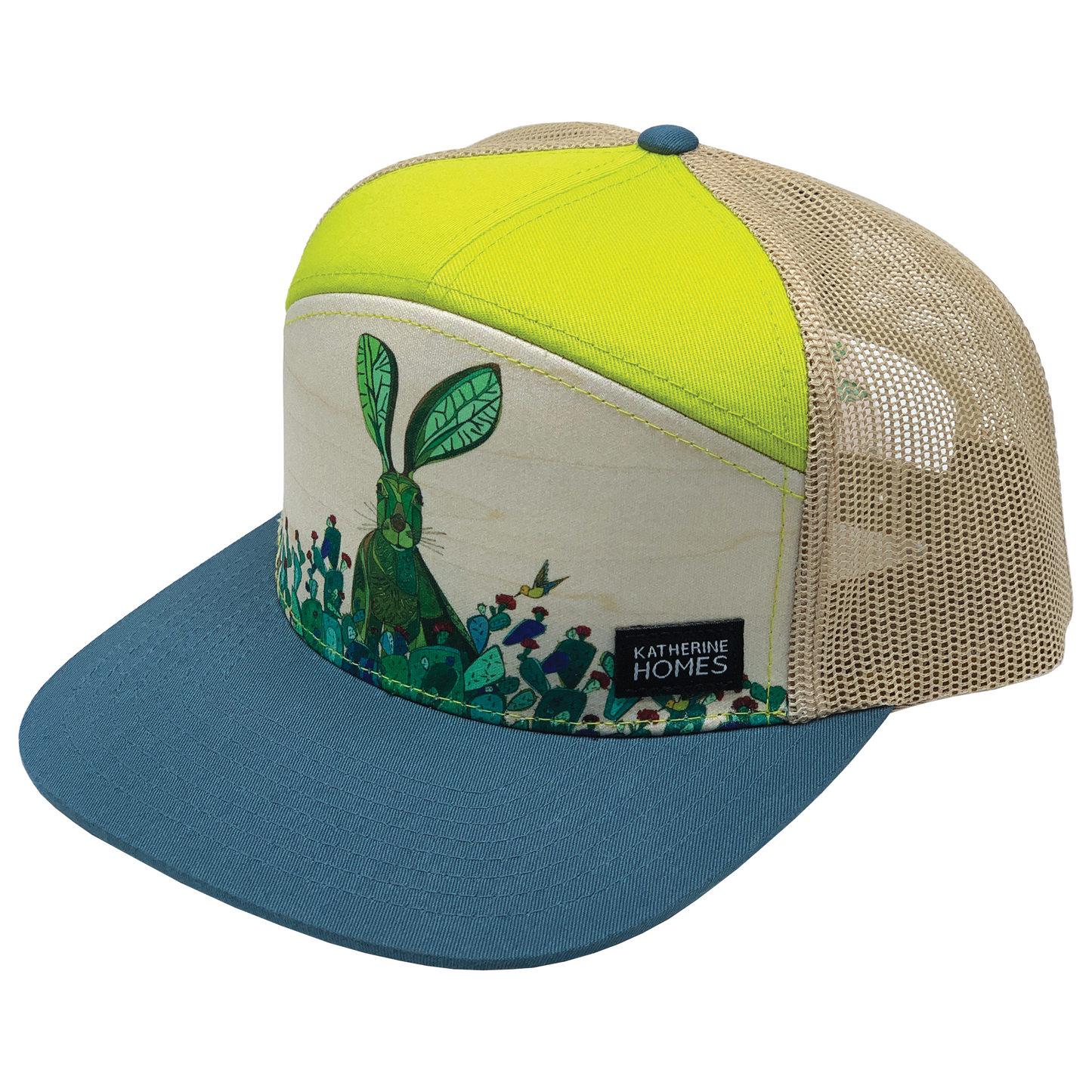 Jackrabbit + Cacti | 7 Panel Hat | Stone, Lime 100% Recycled Oat Mesh