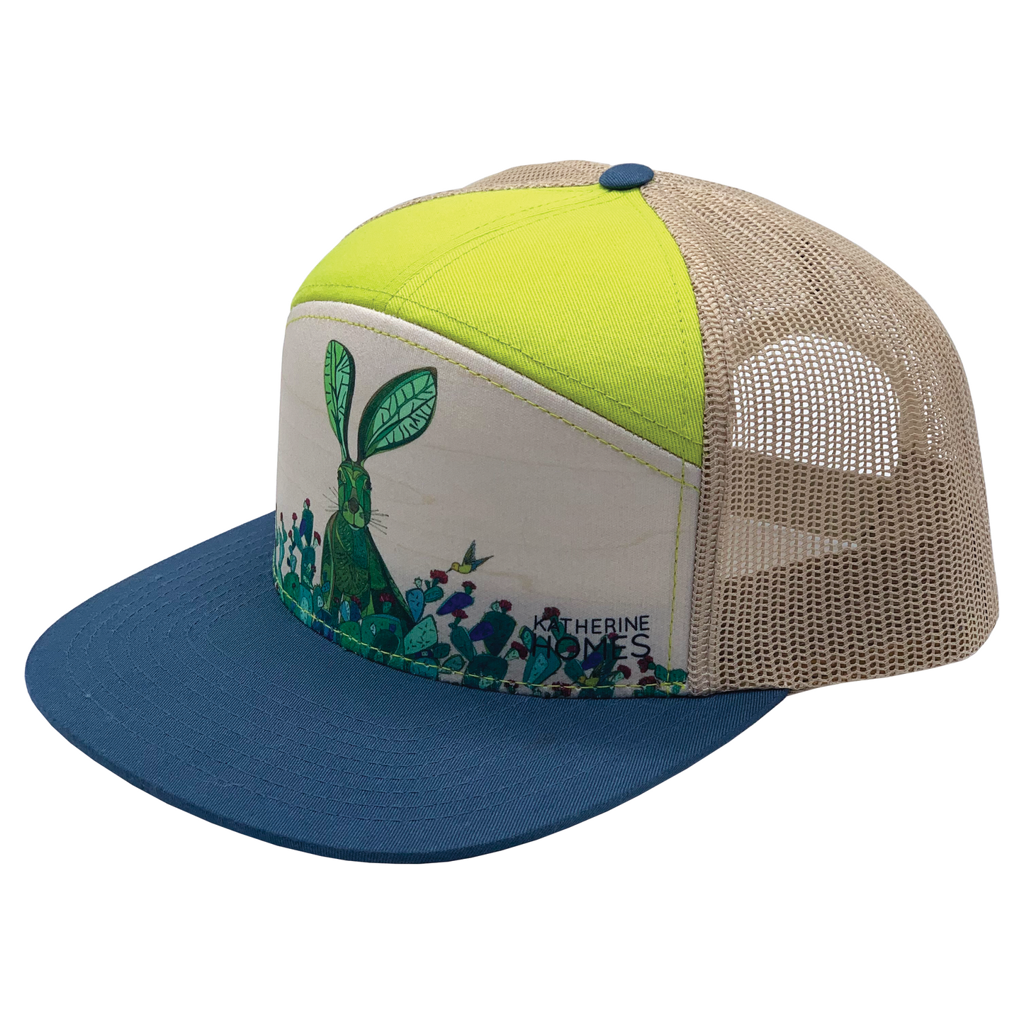 Jackrabbit + Cacti | 7 Panel Hat | Stone, Lime 100% Recycled Oat Mesh