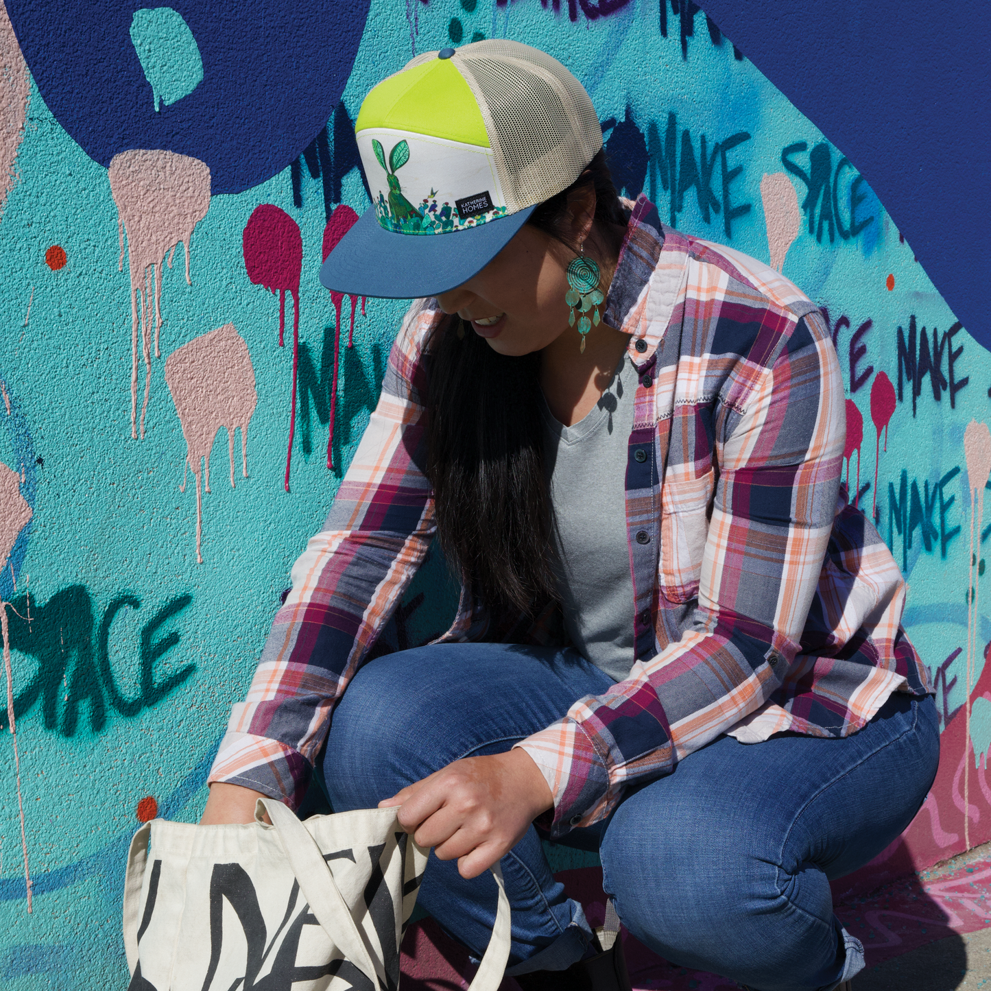 Jackrabbit + Cacti | 7 Panel Hat | Stone, Lime 100% Recycled Oat Mesh