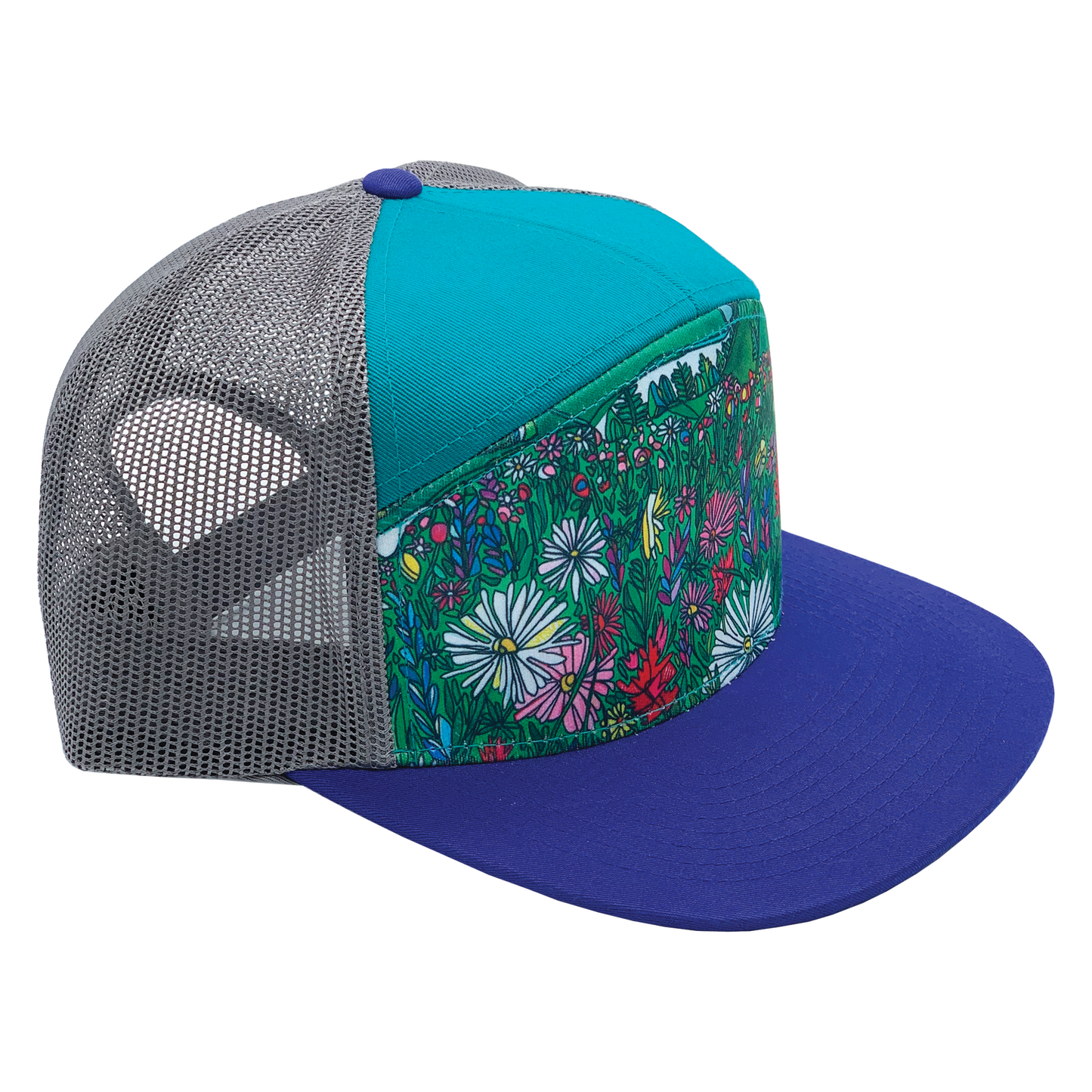 Rainier Bloom 7 Panel Trucker Hat |  Purple | Teal | Grey 100% Recycled Mesh
