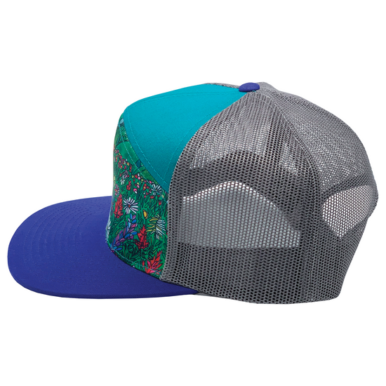 Rainier Bloom 7 Panel Trucker Hat |  Purple | Teal | Grey 100% Recycled Mesh