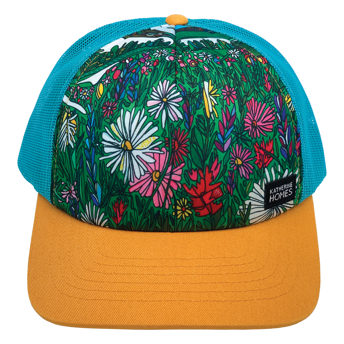 Mount Rainier Bloom | Trucker Hat | Aqua  | Camel Yellow