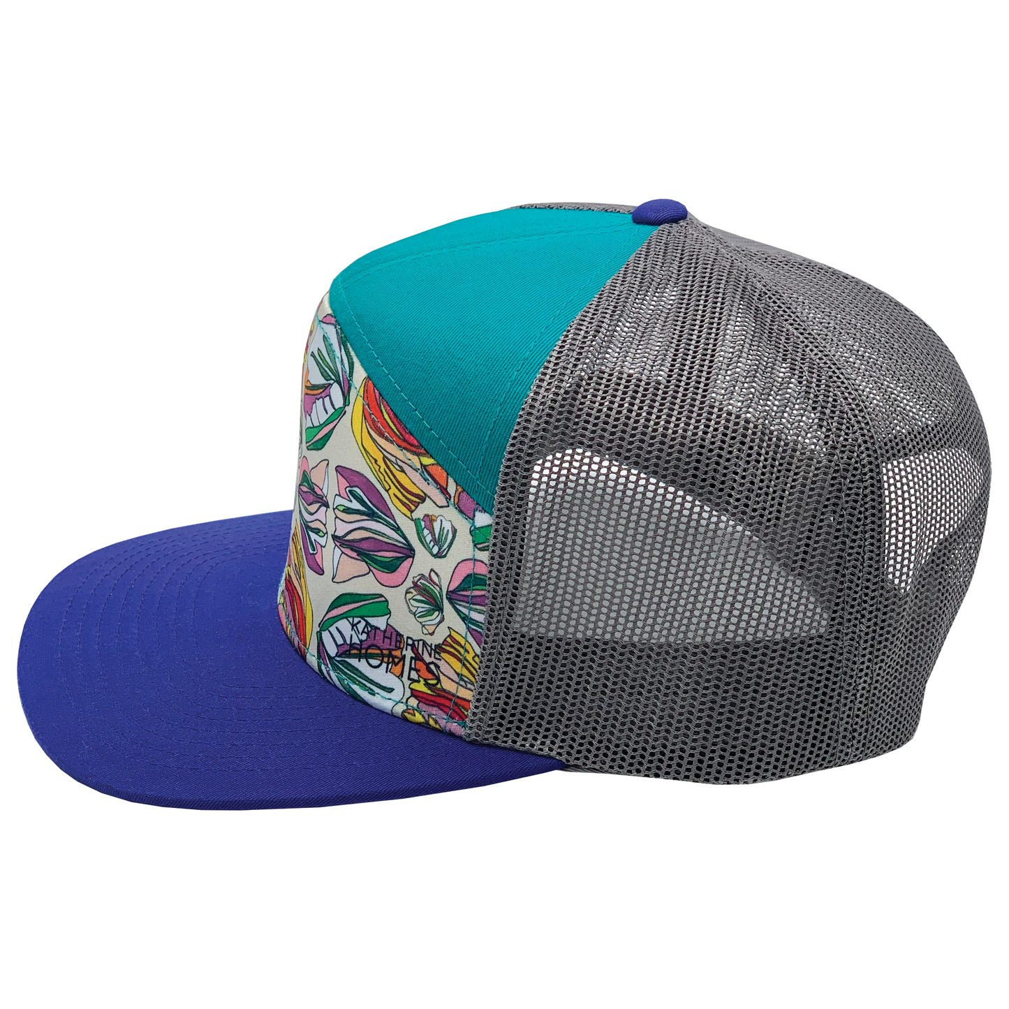Tulips | 7 Panel Hat | Violet | Teal | Grey 100% Recycled Mesh