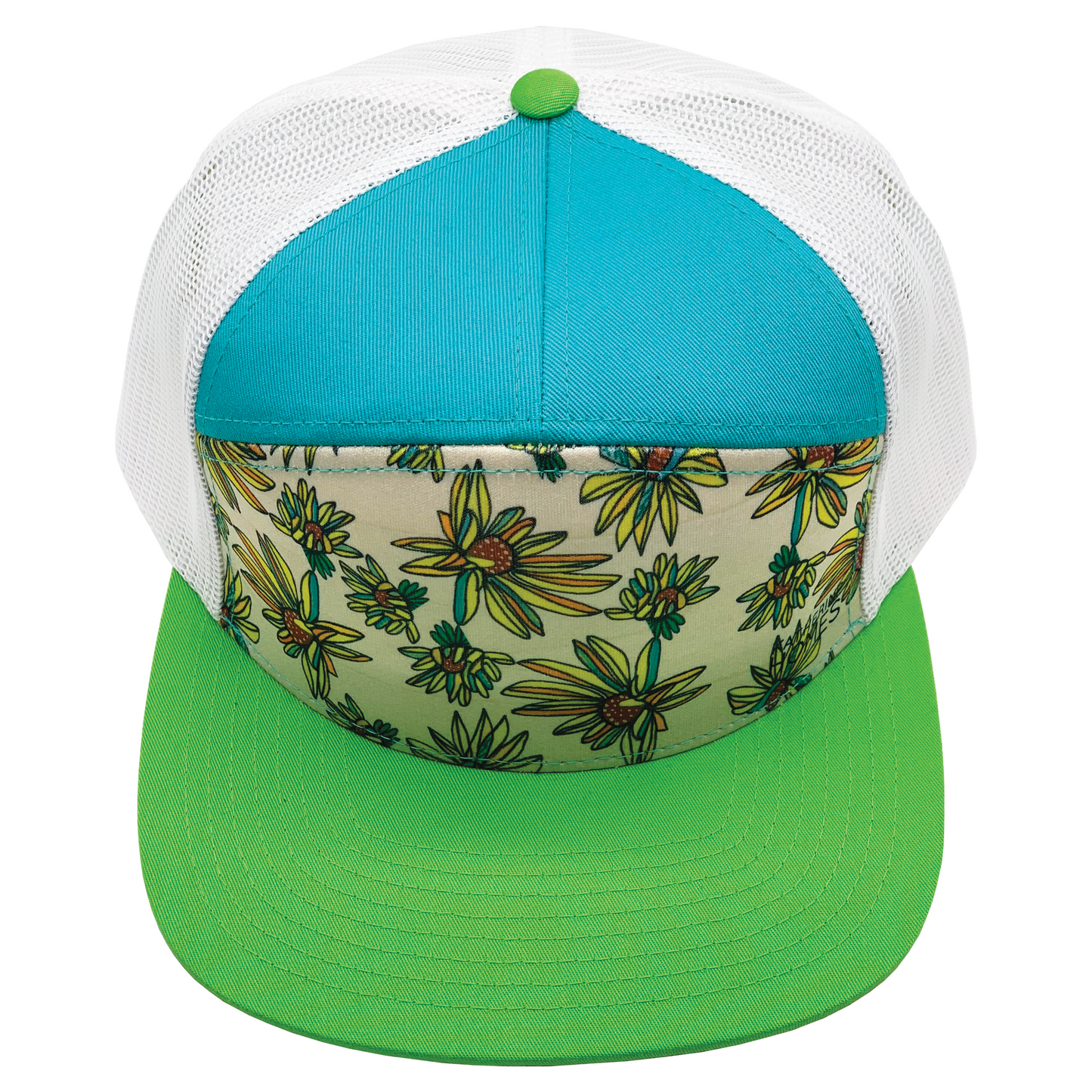 Whorled Sunflowers | 7 Panel Hat | Lime | Caribbean Blue | White 100% Recycled Mesh