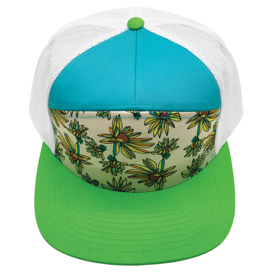 Whorled Sunflowers | 7 Panel Hat | Lime | Caribbean Blue | White 100% Recycled Mesh