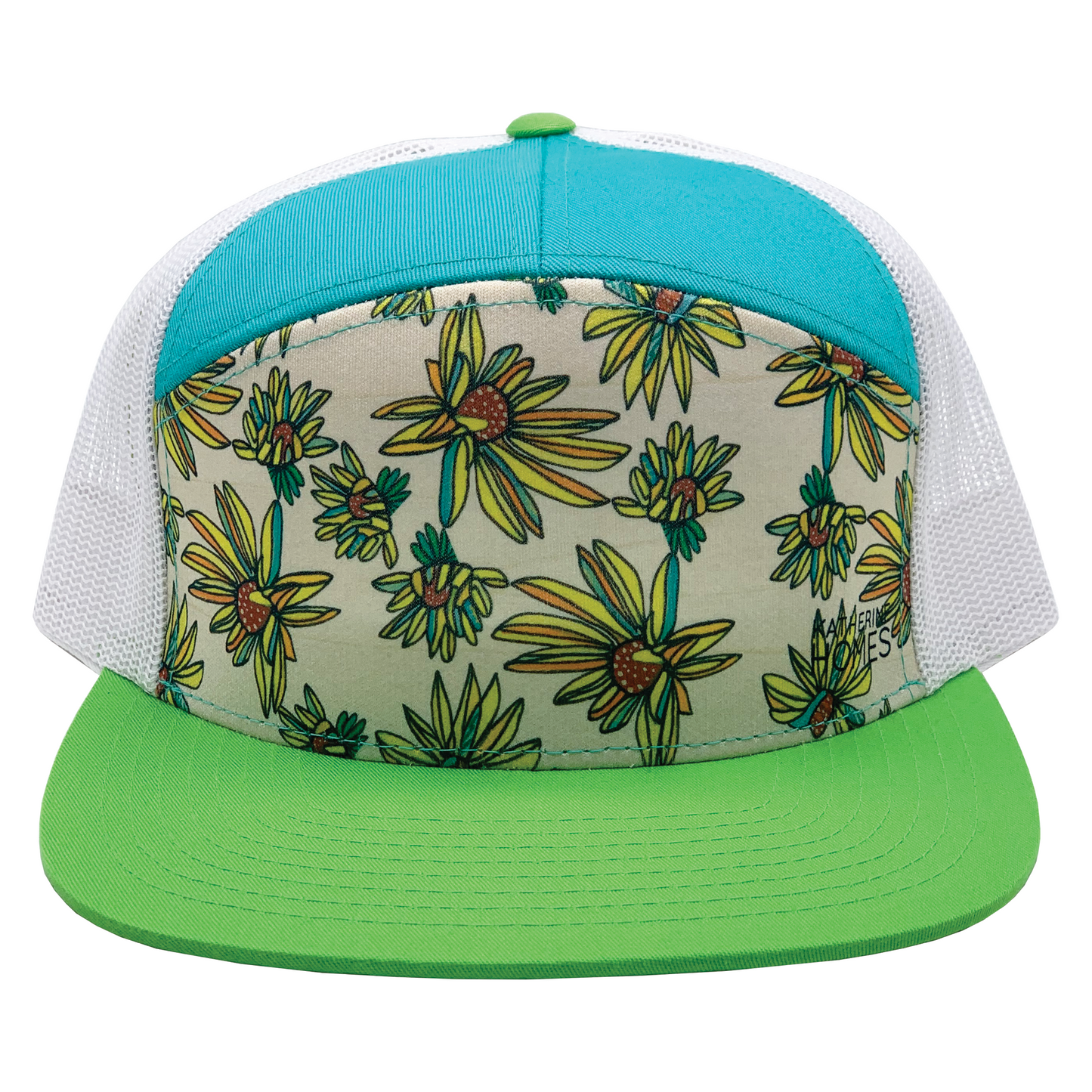 Whorled Sunflowers | 7 Panel Hat | Lime | Caribbean Blue | White 100% Recycled Mesh