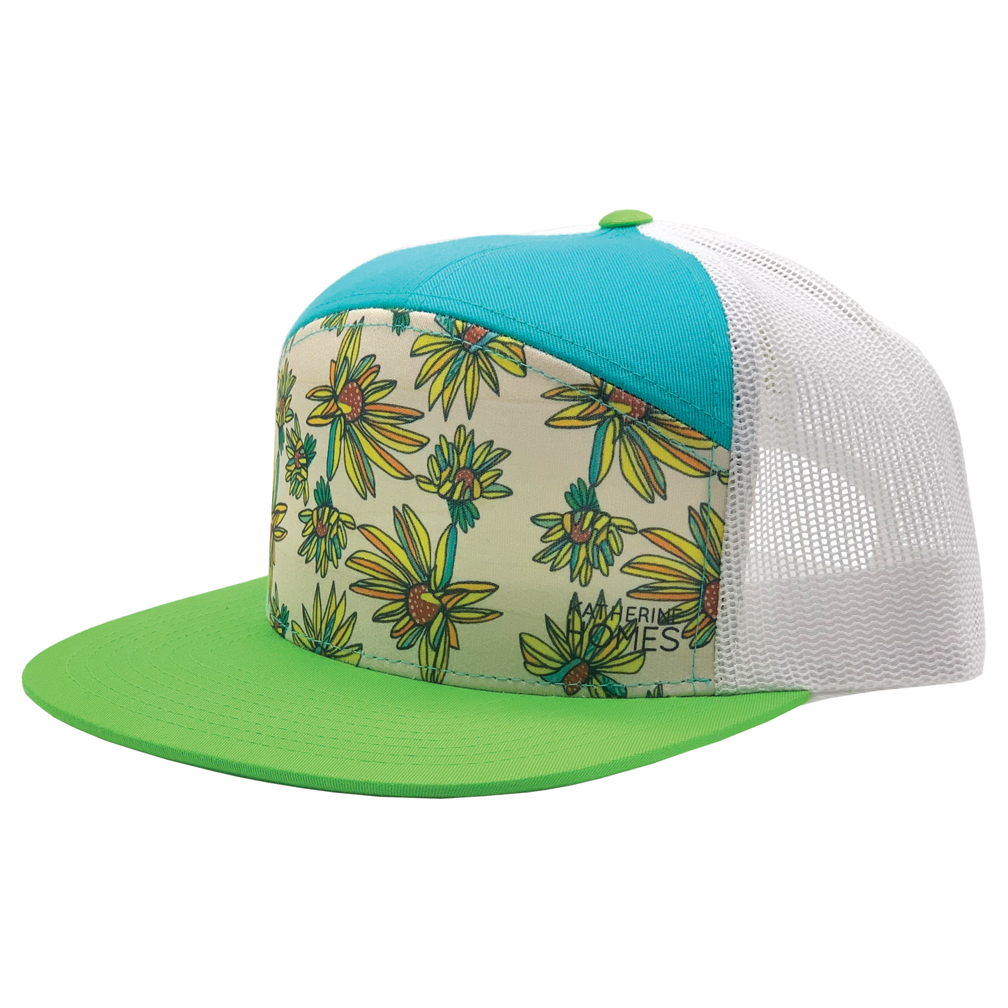 Whorled Sunflowers | 7 Panel Hat | Lime | Caribbean Blue | White 100% Recycled Mesh