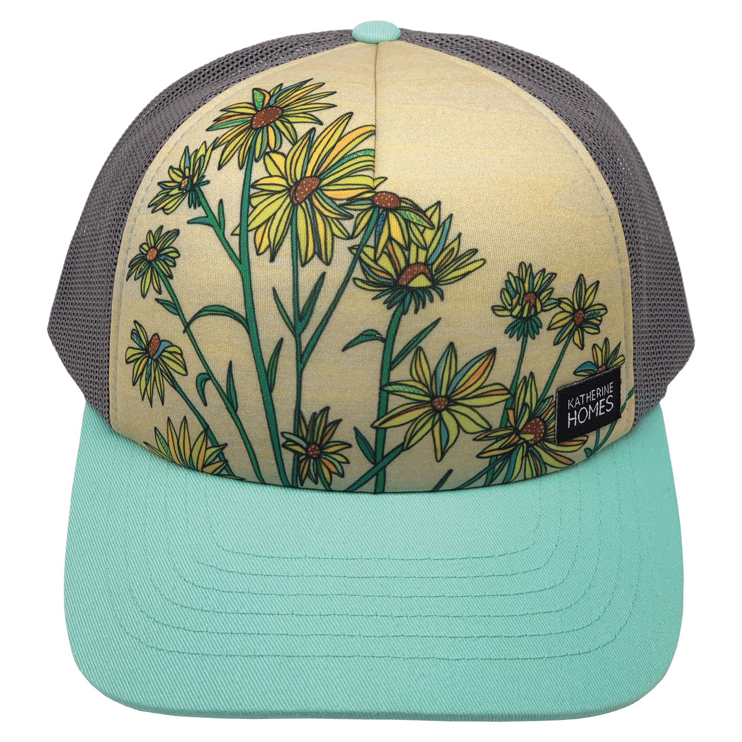 Whorled Sunflowers | Trucker Hat | Aqua | 100% Recycled Grey Mesh