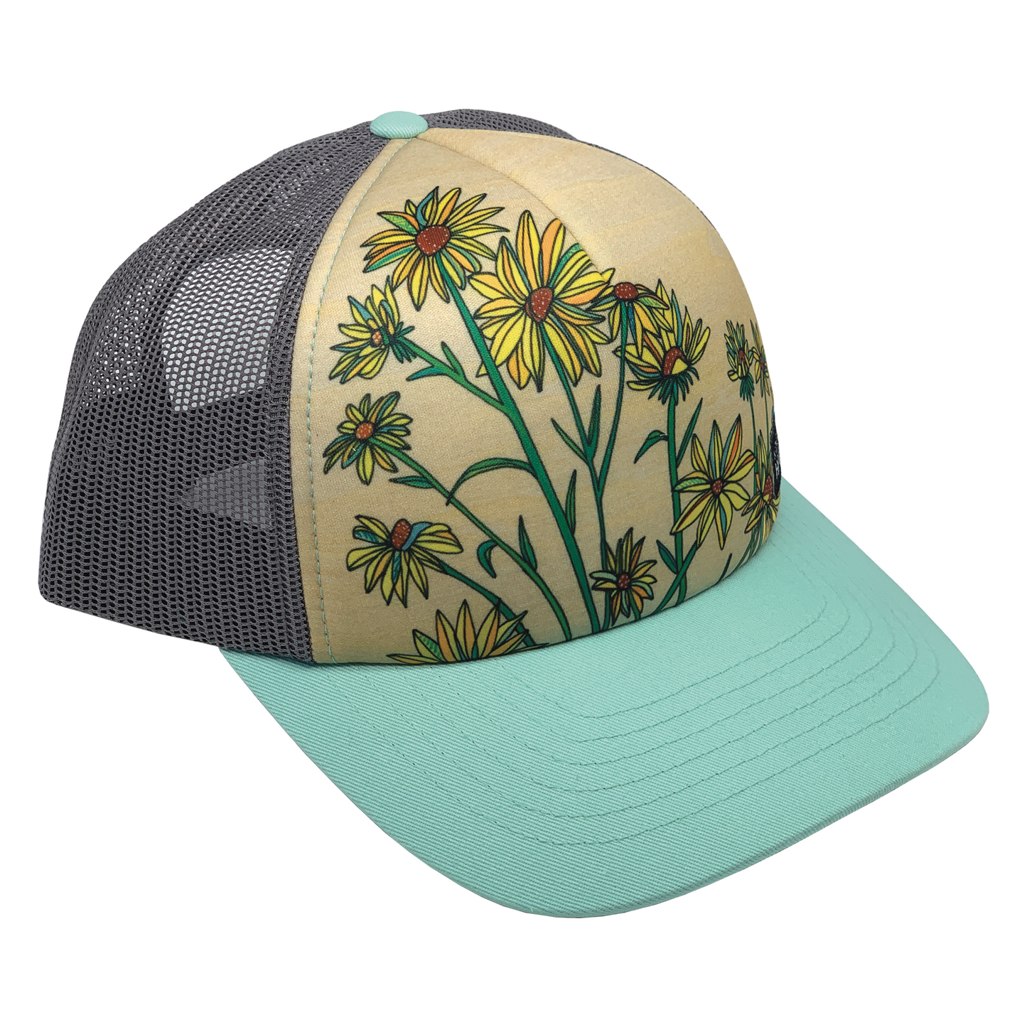 Whorled Sunflowers | Trucker Hat | Aqua | 100% Recycled Grey Mesh