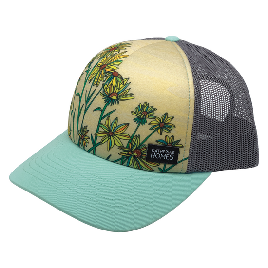 Whorled Sunflowers | Trucker Hat | Aqua | 100% Recycled Grey Mesh