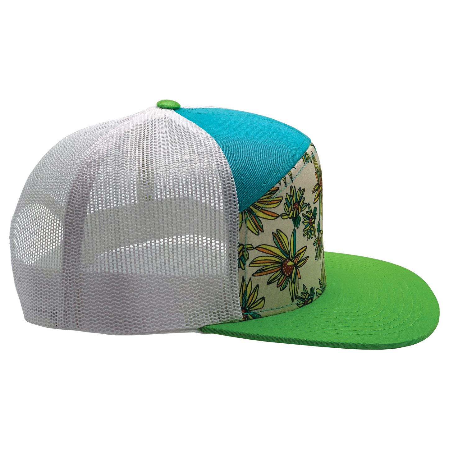 Whorled Sunflowers | 7 Panel Hat | Lime | Caribbean Blue | White 100% Recycled Mesh