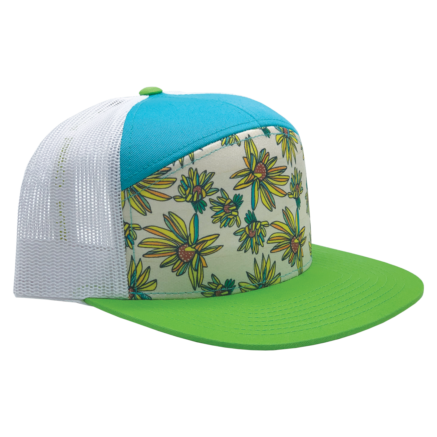 Whorled Sunflowers | 7 Panel Hat | Lime | Caribbean Blue | White 100% Recycled Mesh